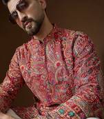 Red georgette solid embroidered kurta with trouser set | designer ethnic wear for men
