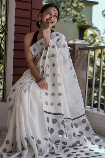 White black linen jacuard work festival saree with unstitched blouse piece
