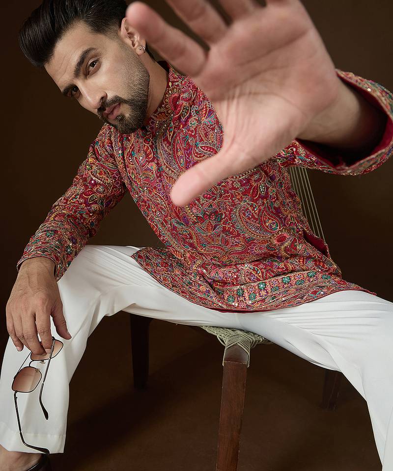Red georgette solid embroidered kurta with trouser set | designer ethnic wear for men
