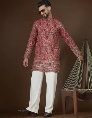 Red georgette solid embroidered kurta with trouser set | designer ethnic wear for men 3