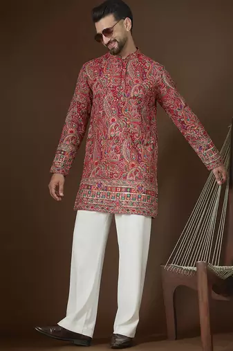 Red georgette solid embroidered kurta with trouser set | designer ethnic wear for men