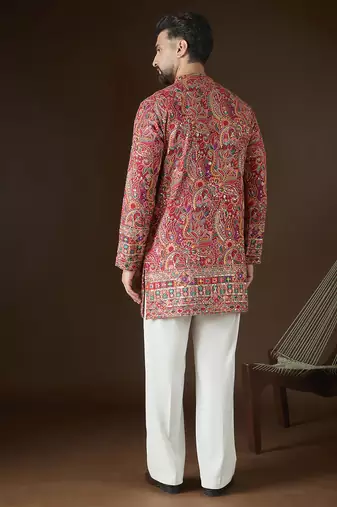 Red georgette solid embroidered kurta with trouser set | designer ethnic wear for men