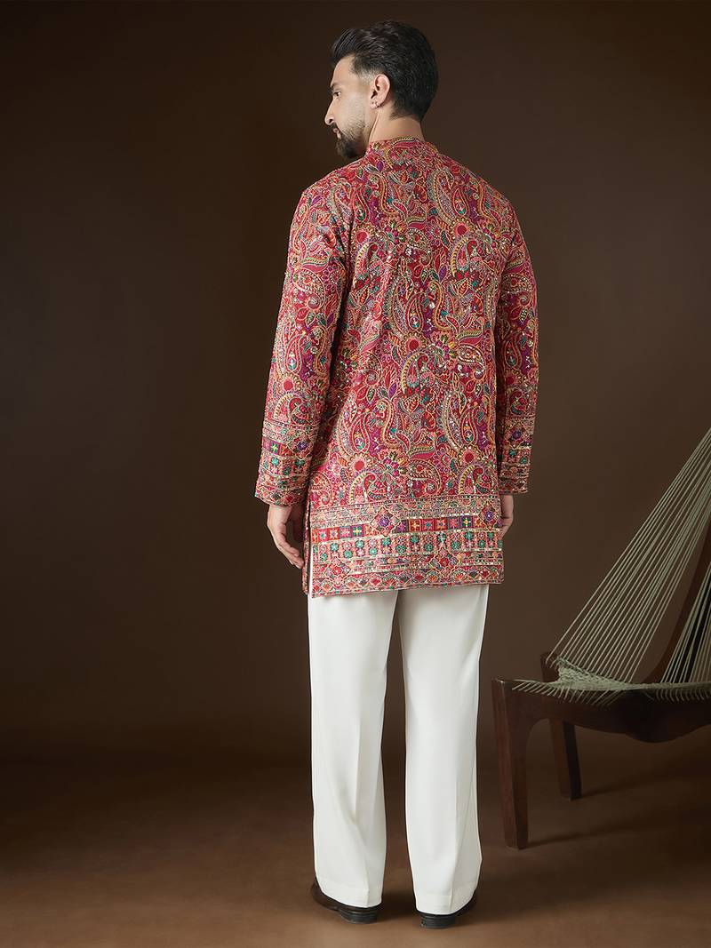 Red georgette solid embroidered kurta with trouser set | designer ethnic wear for men