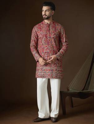 Red georgette solid embroidered kurta with trouser set | designer ethnic wear for men 5
