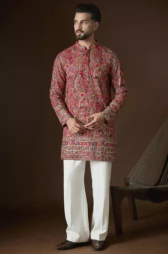 Red georgette solid embroidered kurta with trouser set | designer ethnic wear for men