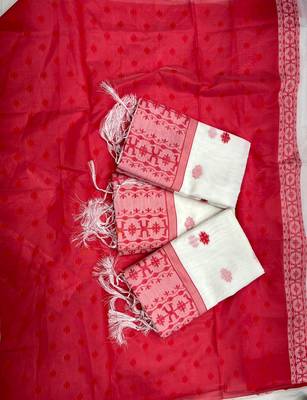 White red linen jacuard work festival saree with unstitched blouse piece 5