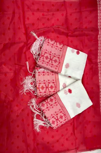 White red linen jacuard work festival saree with unstitched blouse piece