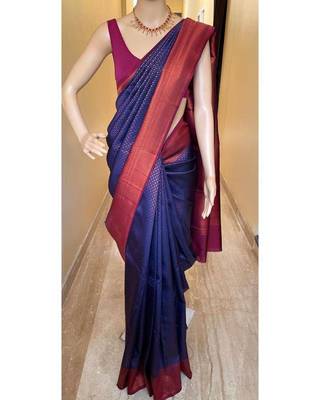 Blue pink silk blend jacuard work festival saree with unstitched blouse piece 1