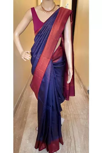 Blue pink silk blend jacuard work festival saree with unstitched blouse piece