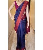 Blue pink silk blend jacuard work festival saree with unstitched blouse piece