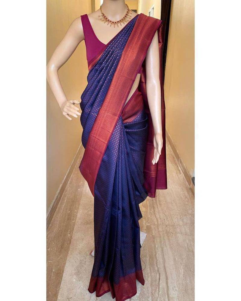Blue pink silk blend jacuard work festival saree with unstitched blouse piece