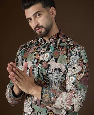 Black georgette solid embroidered kurta with trouser set | designer ethnic wear for men 1