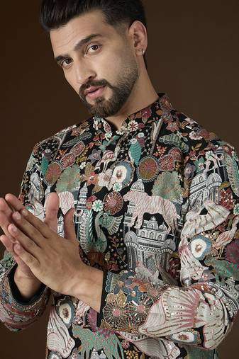 Black georgette solid embroidered kurta with trouser set | designer ethnic wear for men