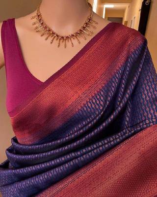 Blue pink silk blend jacuard work festival saree with unstitched blouse piece 2