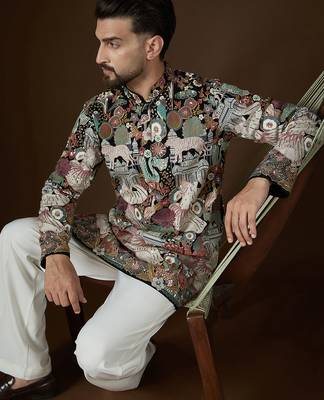 Black georgette solid embroidered kurta with trouser set | designer ethnic wear for men 2