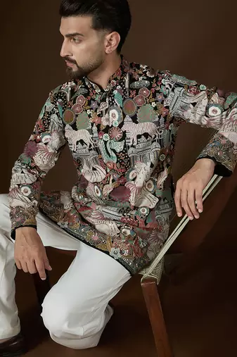 Black georgette solid embroidered kurta with trouser set | designer ethnic wear for men