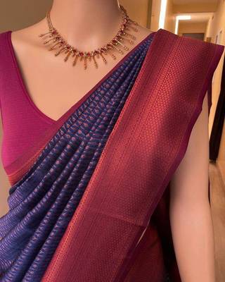 Blue pink silk blend jacuard work festival saree with unstitched blouse piece 3