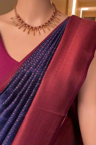 Blue pink silk blend jacuard work festival saree with unstitched blouse piece