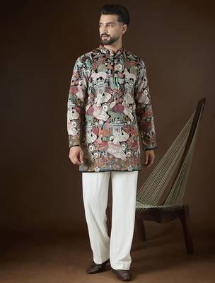 Black georgette solid embroidered kurta with trouser set | designer ethnic wear for men 3