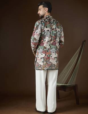 Black georgette solid embroidered kurta with trouser set | designer ethnic wear for men 4