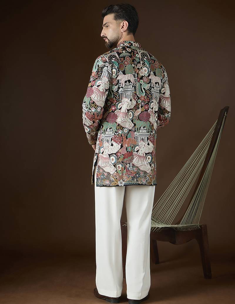 Black georgette solid embroidered kurta with trouser set | designer ethnic wear for men