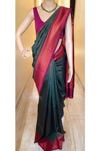 Green pink silk blend jacuard work festival saree with unstitched blouse piece