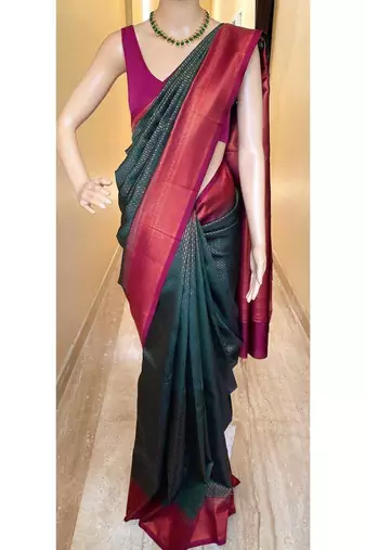 Green pink silk blend jacuard work festival saree with unstitched blouse piece