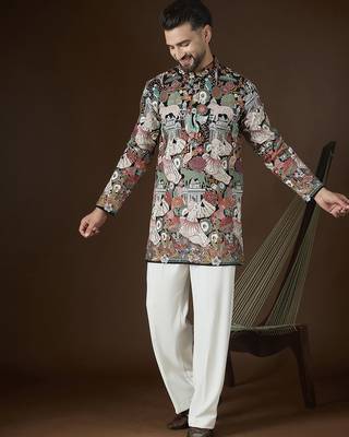Black georgette solid embroidered kurta with trouser set | designer ethnic wear for men 5