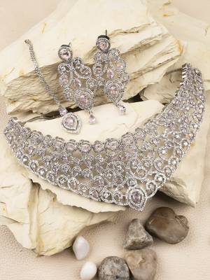 Ad stone pink necklace set with earrings for women 1