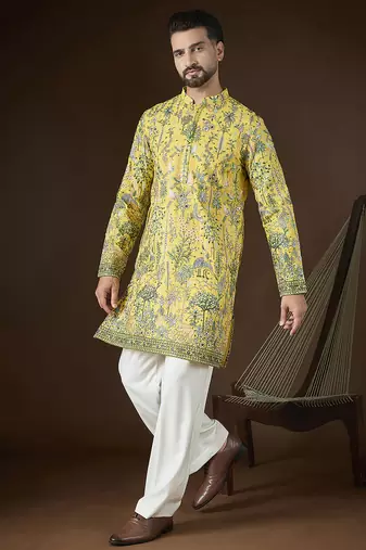 Yellow georgette solid embroidered kurta with trouser set | designer ethnic wear for men