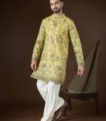 Yellow georgette solid embroidered kurta with trouser set | designer ethnic wear for men