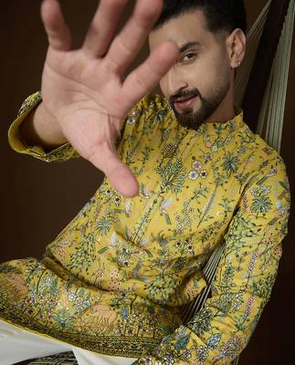Yellow georgette solid embroidered kurta with trouser set | designer ethnic wear for men 2