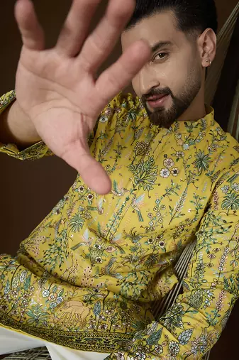 Yellow georgette solid embroidered kurta with trouser set | designer ethnic wear for men