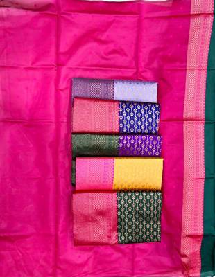 Green pink silk blend jacuard work festival saree with unstitched blouse piece 4