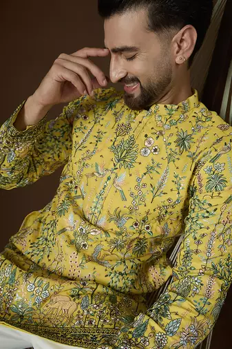 Yellow georgette solid embroidered kurta with trouser set | designer ethnic wear for men