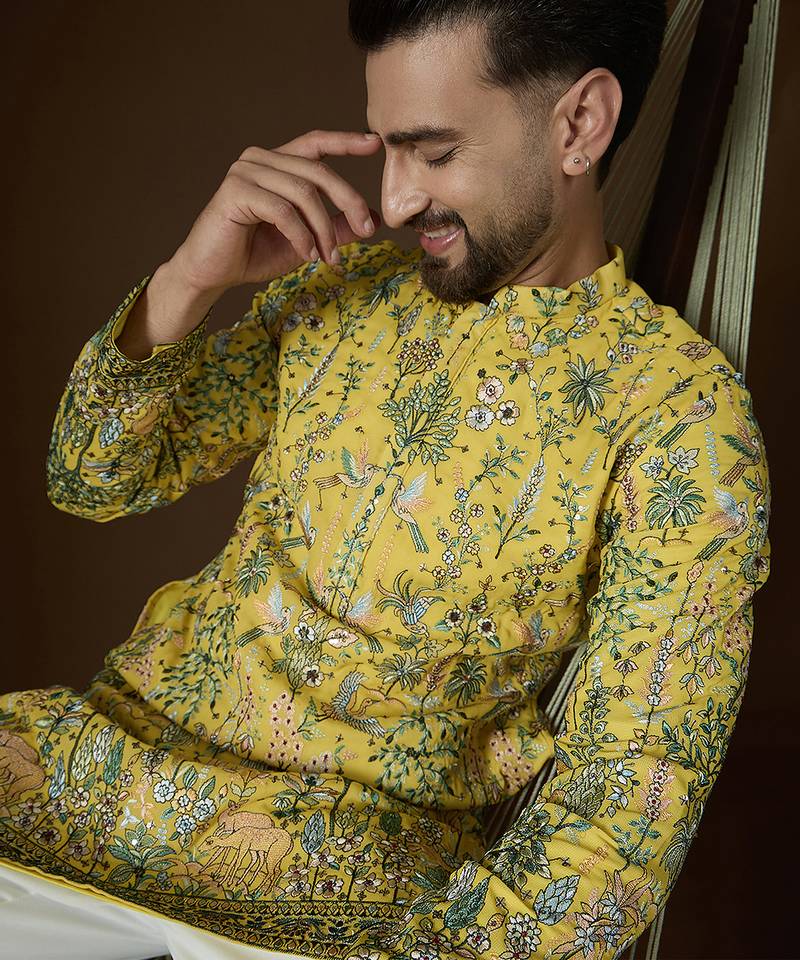 Yellow georgette solid embroidered kurta with trouser set | designer ethnic wear for men