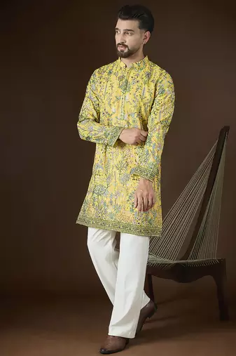 Yellow georgette solid embroidered kurta with trouser set | designer ethnic wear for men