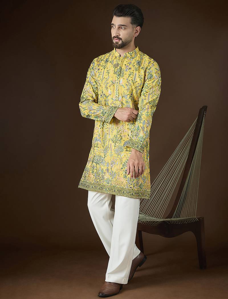 Yellow georgette solid embroidered kurta with trouser set | designer ethnic wear for men