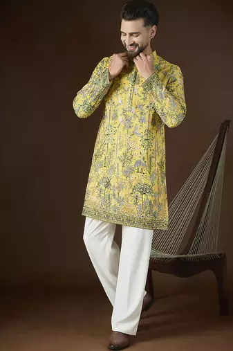 Yellow georgette solid embroidered kurta with trouser set | designer ethnic wear for men
