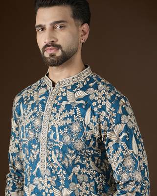 Blue silk blend solid embroidered kurta with trouser set | designer ethnic wear for men 1