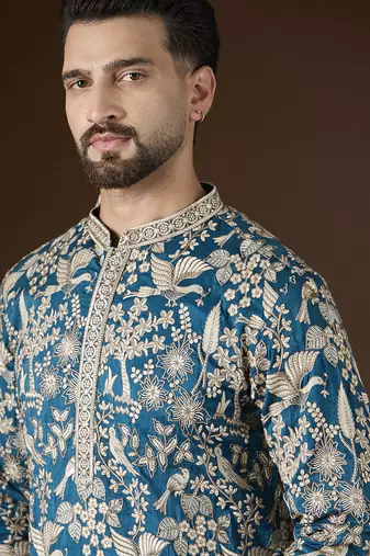 Blue silk blend solid embroidered kurta with trouser set | designer ethnic wear for men
