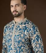 Blue silk blend solid embroidered kurta with trouser set | designer ethnic wear for men
