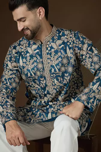 Blue silk blend solid embroidered kurta with trouser set | designer ethnic wear for men