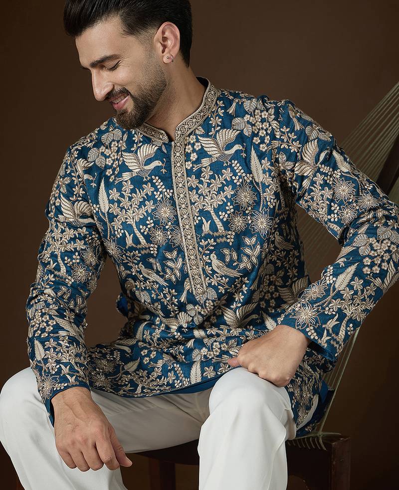 Blue silk blend solid embroidered kurta with trouser set | designer ethnic wear for men