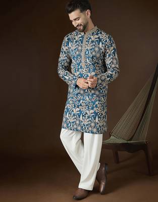 Blue silk blend solid embroidered kurta with trouser set | designer ethnic wear for men 3