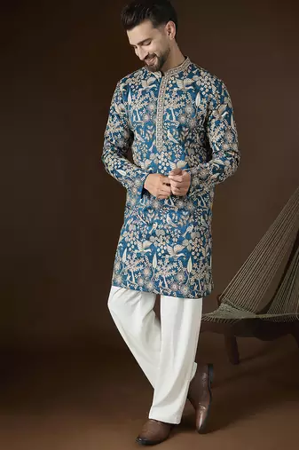Blue silk blend solid embroidered kurta with trouser set | designer ethnic wear for men