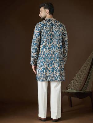Blue silk blend solid embroidered kurta with trouser set | designer ethnic wear for men 4