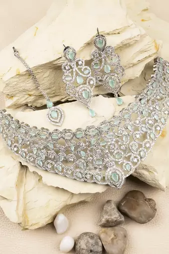 Ad stone mint necklace set with earrings for women