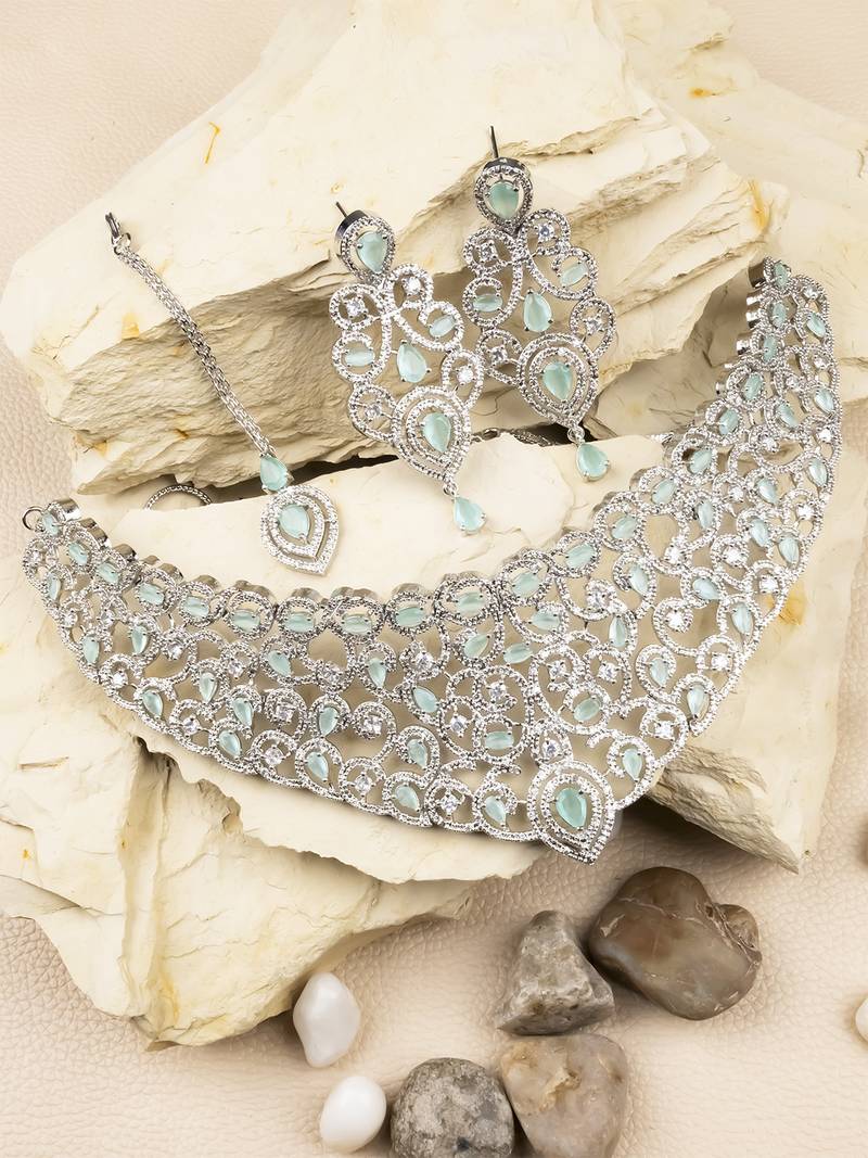 Ad stone mint necklace set with earrings for women