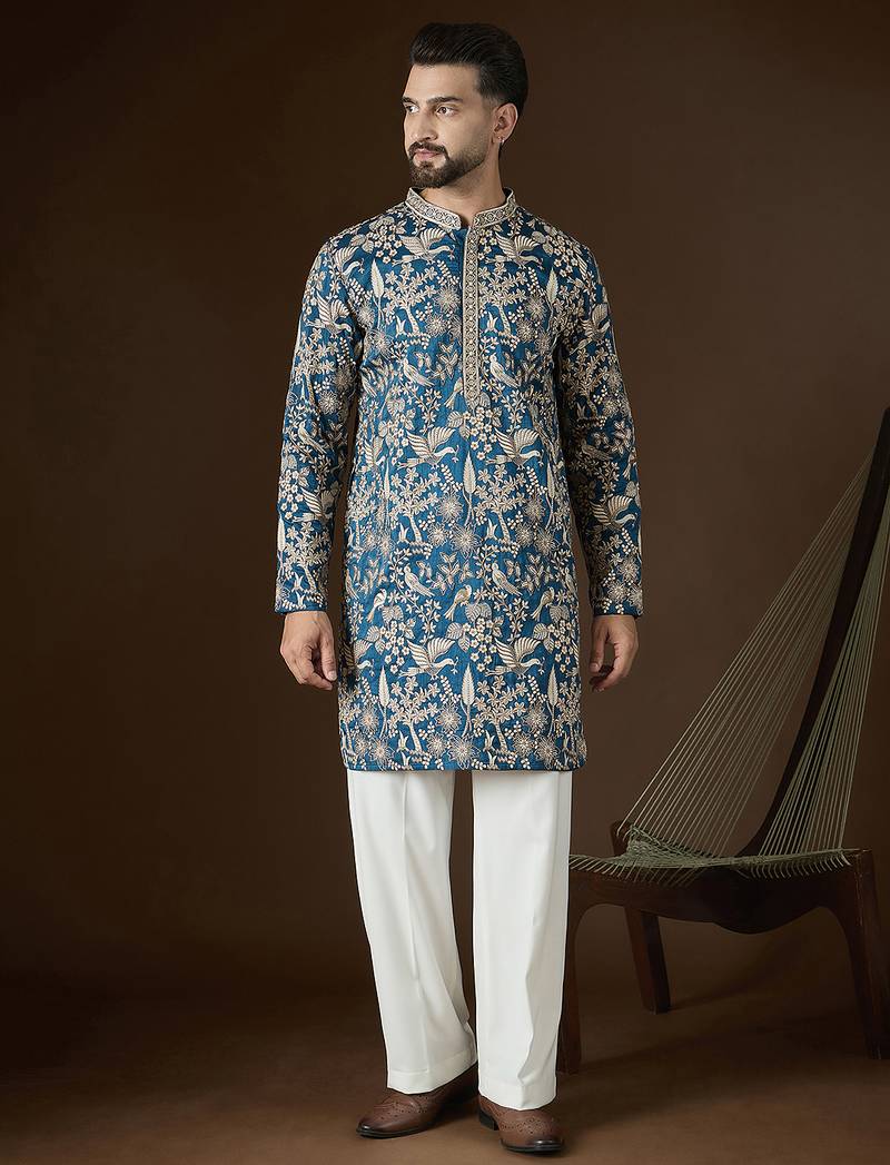 Blue silk blend solid embroidered kurta with trouser set | designer ethnic wear for men